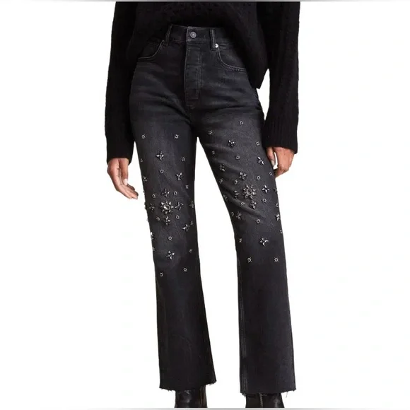 AllSaints NWT High-Waisted Rhinestone Embellished Flared Washed Black Jeans